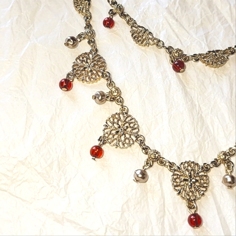 BEN-AMUN FESTOON STYLE LAYERED NECKLACE with FILIGREE DISCS, AMBER BEADS - Picture 3 of 9